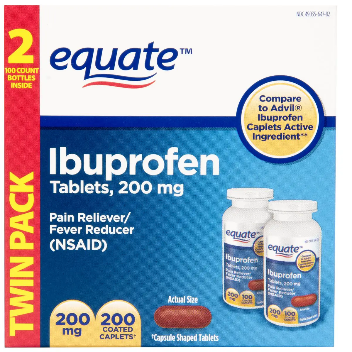 Equate Pain Relief Ibuprofen Coated Caplets, 200 mg, 100 Ct, 2 Pk ...